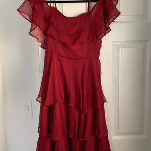 Cold shoulder ruffle layered midi dress.